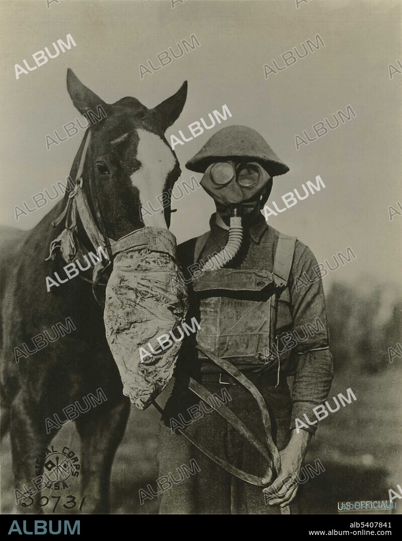 Gas masks. British soldier and a horse wearing gas masks during the World War I (1914-1918). The masks included eye protection, and used charcoal in a container to absorbed the gas from the air. Earlier models were just flannel masks soaked in urine or soda. Chemical weapons were first used by Germany on April 22nd, 1915, when chlorine gas was released from cylinders on the western front at Ypres in Belgium.