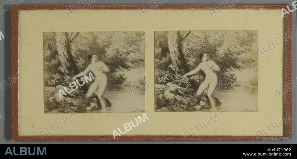Photo reproduction of a print of a naked woman on the bank in the forest, woman (showing herself) undressed, quasi-nude, forest, wood, river bank, anonymous, 1885 - 1920, glass, photographic paper, cardboard, zegel rand, albumen print, h 82 mm × w 170 mm.