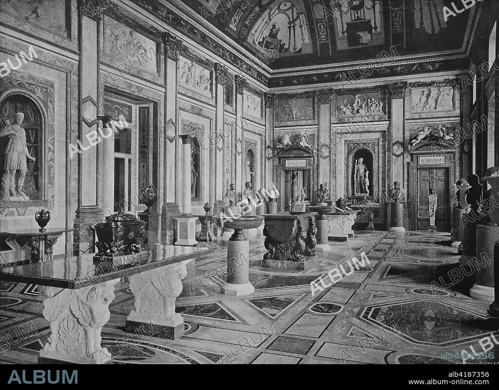 Historical photo of Villa Borghese Pinciana inside, museum, sculptures, Rome, Italy,  Digital improved reproduction from an original print from 1890.
