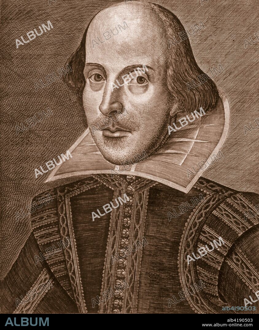 Portrait of Shakespeare, engraved by Martin Droeshout, 1623 (deep sepia engraving). William Shakespeare (1564-1616).