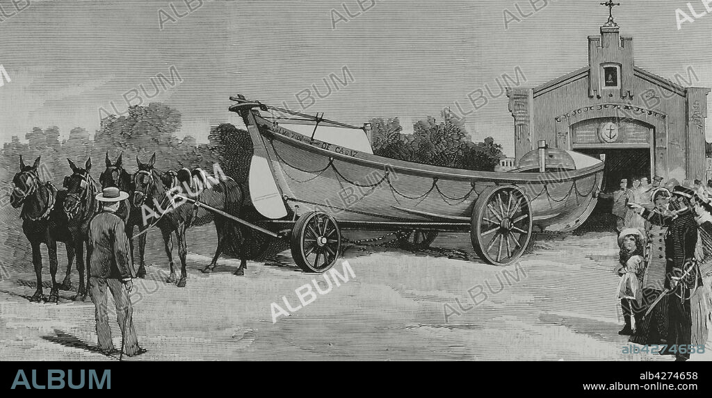 España. Andalucia. Cádiz. Bote salvavidas con aparato "lanza-cabos boxer", preparado para botarlo al agua. Regalado a la Sociedad Española de Salvamento de Náufragos por la testamentaría de Diego Fernando Montañés Alvarez. Grabado. La Ilustración Española y Americana, 30 de noviembre de 1882.
