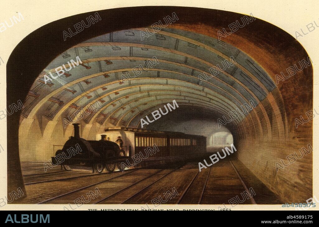 'The Metropolitan Railway near Paddington, 1863', (1945). The Metropolitan Line, which opened in 1863 and ran between Paddington and Farringdon in London, and was the world's first underground passenger line. From "British Railways", by Arthur Elton. [Collins, London, 1945].