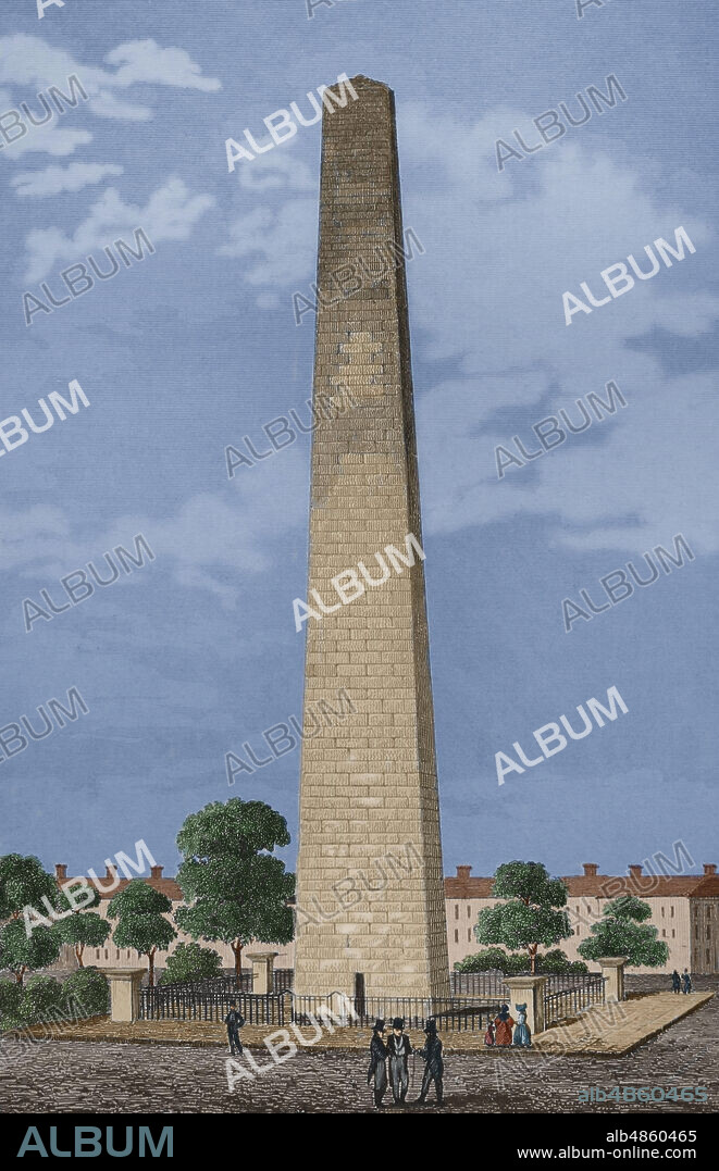 Estados Unidos de América. Boston. Monumento de Bunker Hill. Consiste en un obelisco construido entre 1827 y 1843 para conmemorar la Batalla de Hunker Hill, durante la Guerra de Independencia de los Estados Unidos, entre tropas británicas y patriotas norteamericanos en 1775. Grabado por Arnout y Traversier. Panorama Universal. Historia de los Estados Unidos de América, por Roux de Rochelle. Edición Española, impresa en Barcelona,1850. Coloreado.