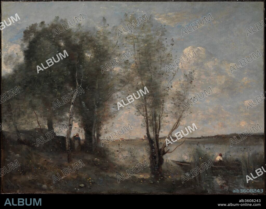 Boatman among the Reeds. Artist: Camille Corot (French, Paris 1796-1875 Paris). Dimensions: 23 1/2 x 32 in. (59.7 x 81.3 cm). Date: ca. 1865.
Since Corot often repeated compositions and motifs, his works are difficult to date. The present picture betrays similarities to Corot's <i>River with a Distant Tower</i>, also in the Museum's collection, which, on the basis of style, seems to date to the early 1860s. The feathery brushstrokes and lighter palette of this work suggest it was painted later in the decade.