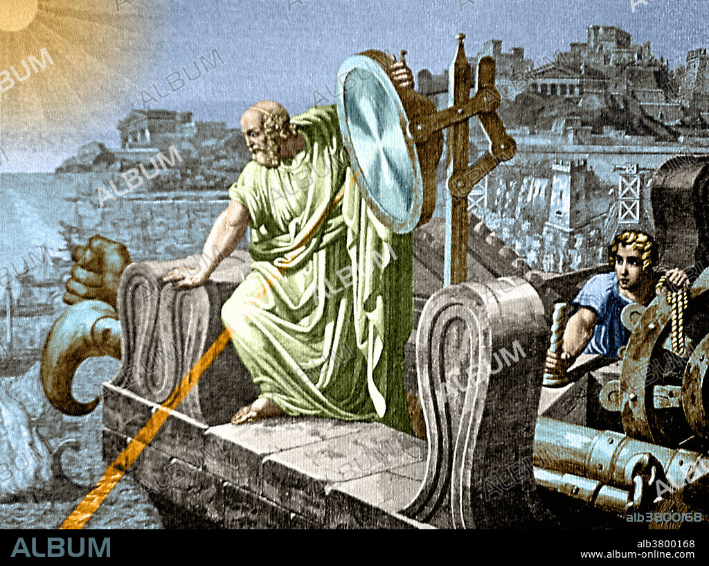 The 2nd century AD author Lucian wrote that during the Siege of Syracuse Archimedes destroyed enemy ships with fire. The device, sometimes called the Archimedes heat ray, was used to focus sunlight onto approaching ships, causing them to catch fire. This weapon has been the subject of ongoing debate about its credibility since the Renaissance. It has been suggested that a large array of highly polished bronze or copper shields acting as mirrors could have been employed to focus sunlight onto a ship. This would have used the principle of the parabolic reflector in a manner similar to a solar furnace. Archimedes of Syracuse (287-212 BC) was a Greek mathematician, physicist, engineer, inventor, and astronomer. Among his advances in physics are the foundations of hydrostatics, statics and an explanation of the principle of the lever. He is credited with designing innovative machines, including siege engines and the screw pump that bears his.