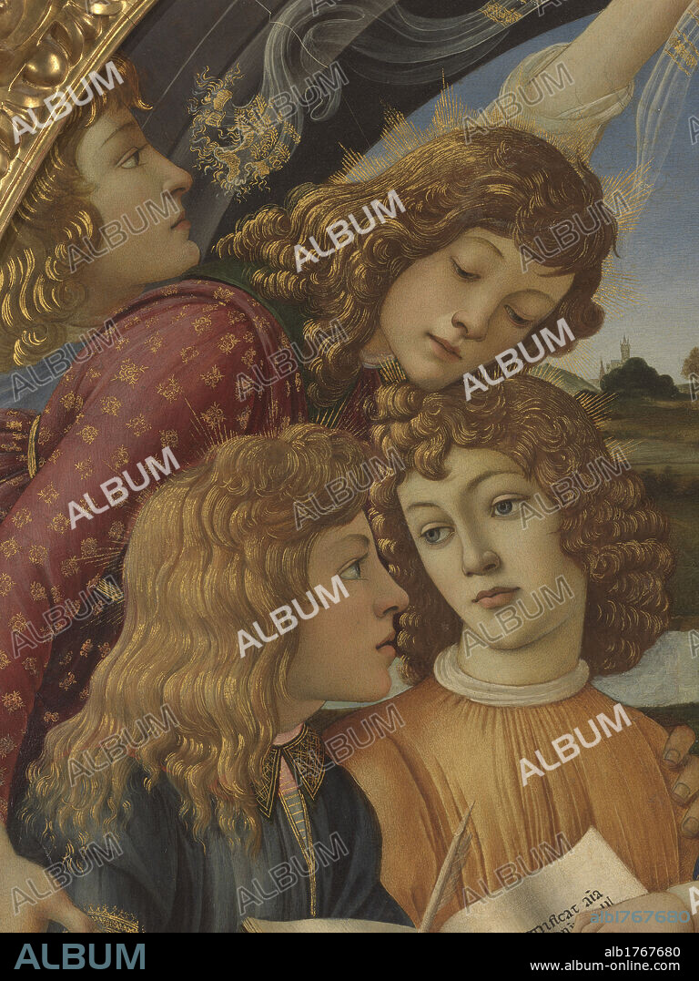 Madonna with Child and Five Angels (Madonna del Magnificat), by Sandro Filipepi Known as Botticelli, 1481-1483, 15th Century, tempera on panel, 118 cm. Italy, Tuscany, Florence, Uffizi Gallery. Tondo. Total four angels ray of light gown blu yellow red gold on the background landscape, photographic campaign 2009. Authorization required for non editorial use.