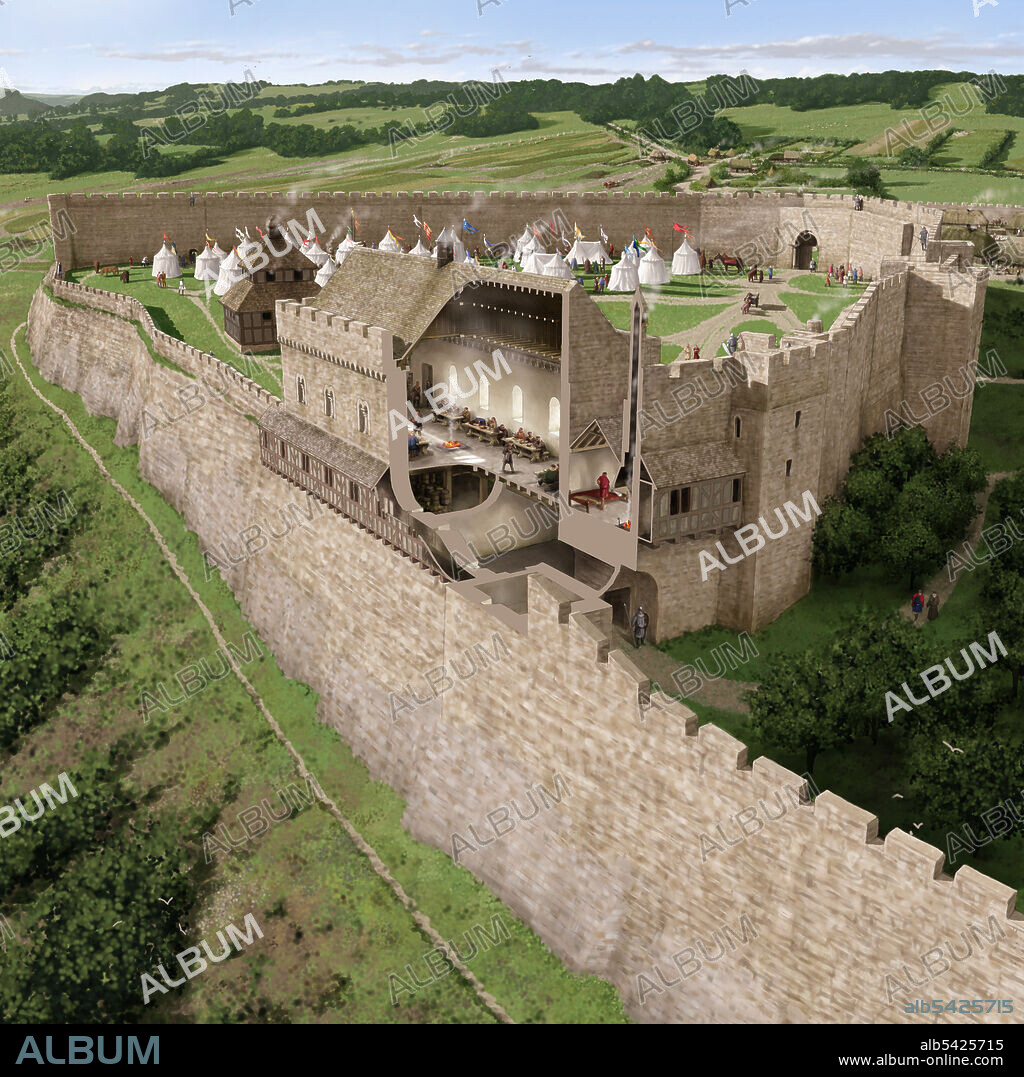 PETER URMSTON. Richmond Castle, Richmond, Richmondshire, North Yorkshire, 2016. A reconstruction drawing of Scolland's Hall in Richmond Castle as it may have looked in the mid 20th century, with a cut-away section of the hall. The image is on page 8 of the Richmond Castle Guidebook, published in 2016.