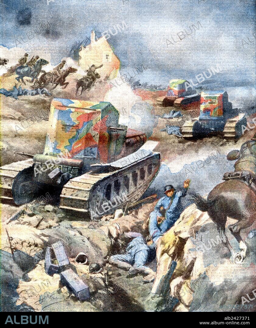 World War I 1914 1918-Western Front. France 1918. The victorious advance French and English on the front of Amiens. Cavalry and light tanks sweep the ground in front of the infantry. The Battle of Amiens or Third Battle of Picardy , began on 8 August 1918, was the opening phase of the Allied offensive later known as the Hundred Days Offensive that ultimately led to the end of the First World War. Allied forces advanced over 11 kilometres. Illustration by Achille Beltrame from La Domenica del Corriere, 1918.