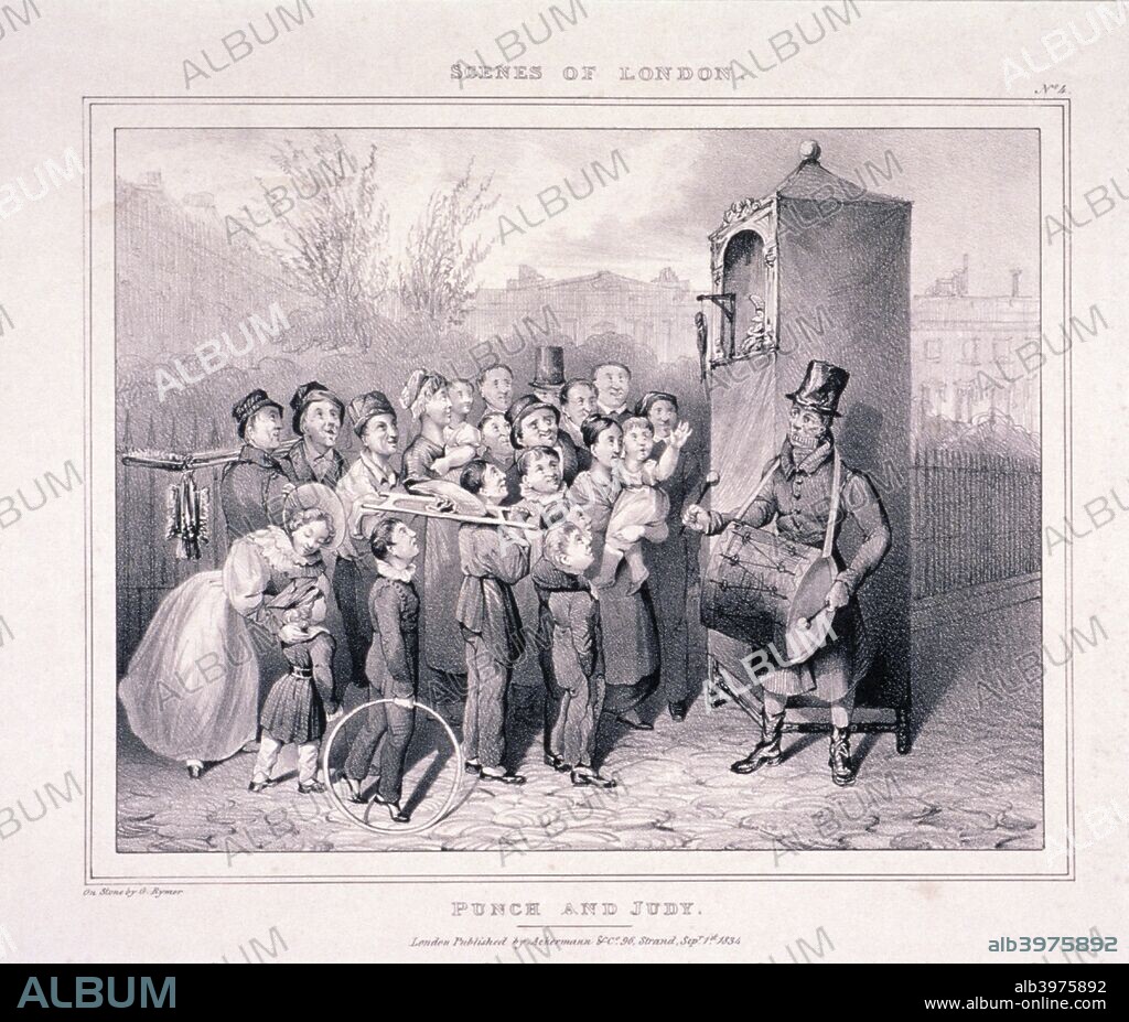 'Punch and Judy', 1834. Plate no.4 from London Scenes; view of a group of children and adults watching a Punch and Judy Show. A man dressed in long coat and top hat stands to the side playing a drum and mouth organ.