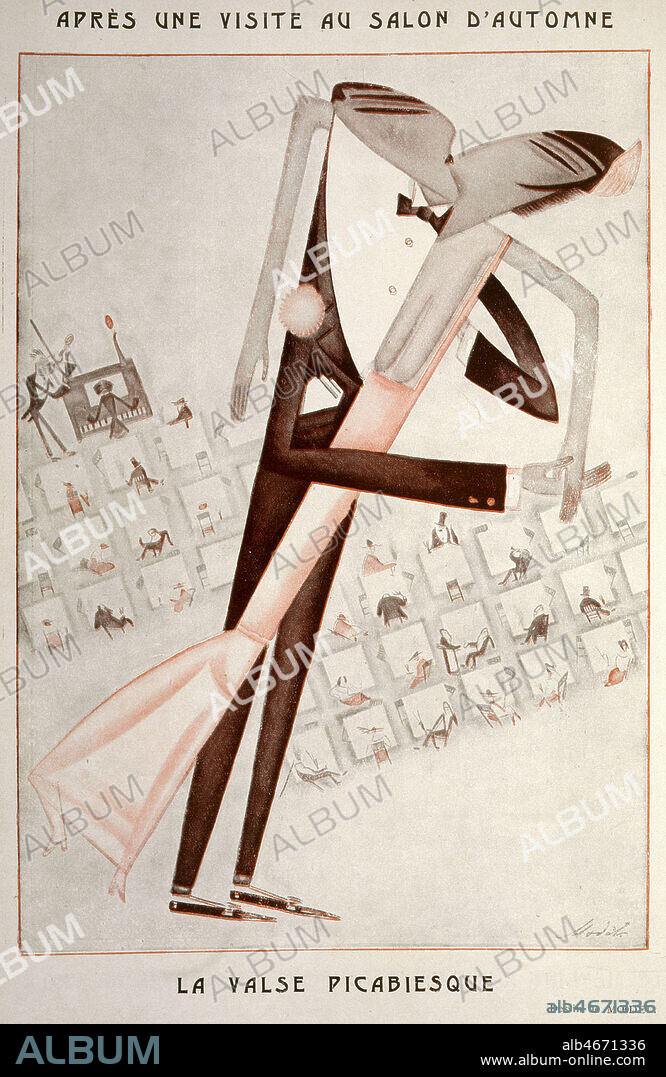 FRANCIS PICABIA. 'Apres une visite au salon d'automne : la valse picabiesque'. Caricature d'un tableau de PICABIA (1879-1953) realisee par MOEDEL et publiee dans Fantasio du 1er decembre 1922. Credit : Collection KHARBINE-TAPABOR.