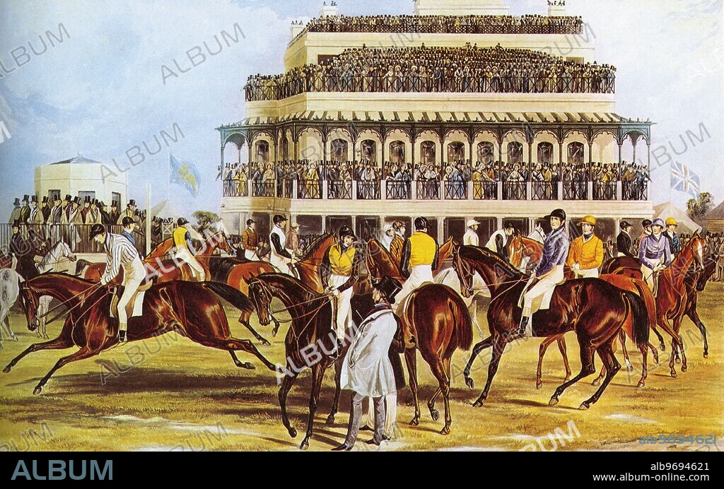 The Liverpool Grand National Steeplechase. J Harris after F C Turner 1839 . Known as the First Grand National and run over farmland . Lord Sefton , the Umpire , one time Master of Quorn on extreme left . The winner was Lottery a brown bay colt ridden by Jem mason.