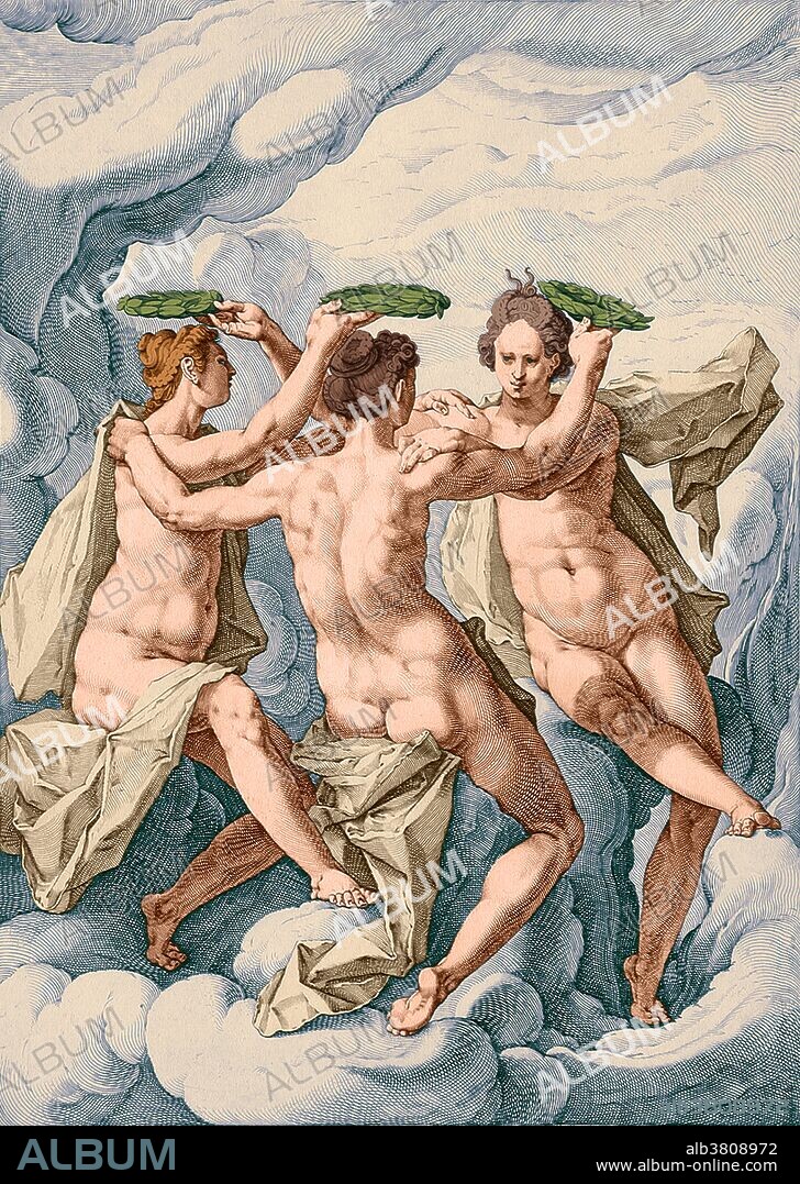 Color enhanced engraving of The Three Graces from a series entitled: Mythological Subjects by Jacob Matham, 1588. In Greek mythology, a Charis is one of several Charites, goddesses of charm, beauty, nature, human creativity, and fertility. They ordinarily numbered three, from youngest to oldest: Aglaea (splendor), Euphrosyne (mirth), and Thalia (good cheer). In Roman mythology they were known as the Gratiae, the Graces.