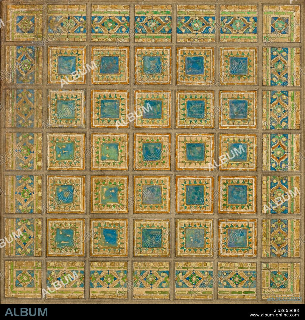Design for skylight window. Artist: Louis Comfort Tiffany (American, New York 1848-1933 New York). Culture: American. Dimensions: Overall: 17 7/16 x 17 3/8 in. (44.3 x 44.1 cm)
Design: 9 5/16 x 9 7/8 in. (23.7 x 25.1 cm). Maker: Tiffany Studios (1902-32). Date: 1902-32.
Tiffany attributed his interest in mosaics to the bejeweled Byzantine churches he visited during his travels. In this design for a mosaic panel, the lack of pictorial imagery and the use of strong geometry, vivid colors, and an ogee arch border suggest a further Islamic influence. The large squares central to this design imply the inclusion of Tiffany's iridescent Favrile glass turtleback tiles, or perhaps semitransparent glass backed with metallic foil. Such innovations set Tiffany's mosaics apart from those of his contemporaries.