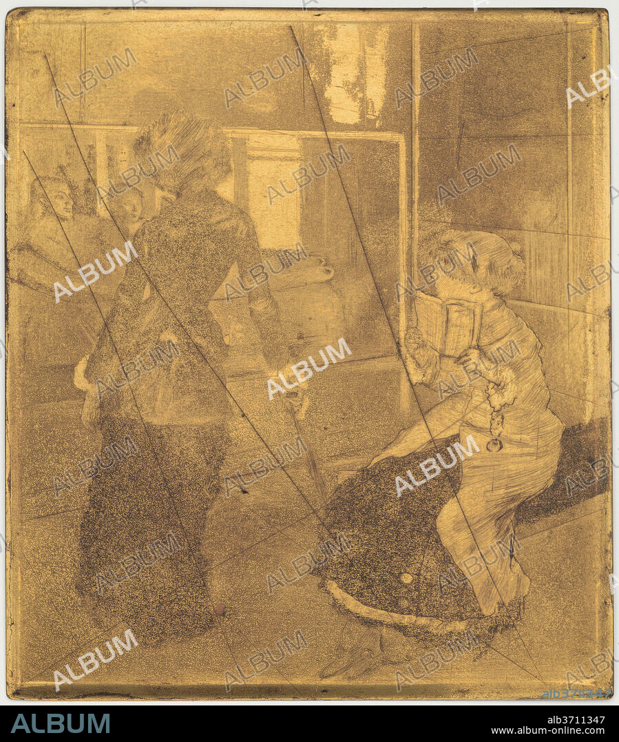 EDGAR DEGAS. Mary Cassatt at the Louvre: The Etruscan Gallery  [copper plate]. Dated: 1879/1880. Dimensions: plate: 26.8 x 23.4 cm (10 9/16 x 9 3/16 in.). Medium: cancelled copper plate.