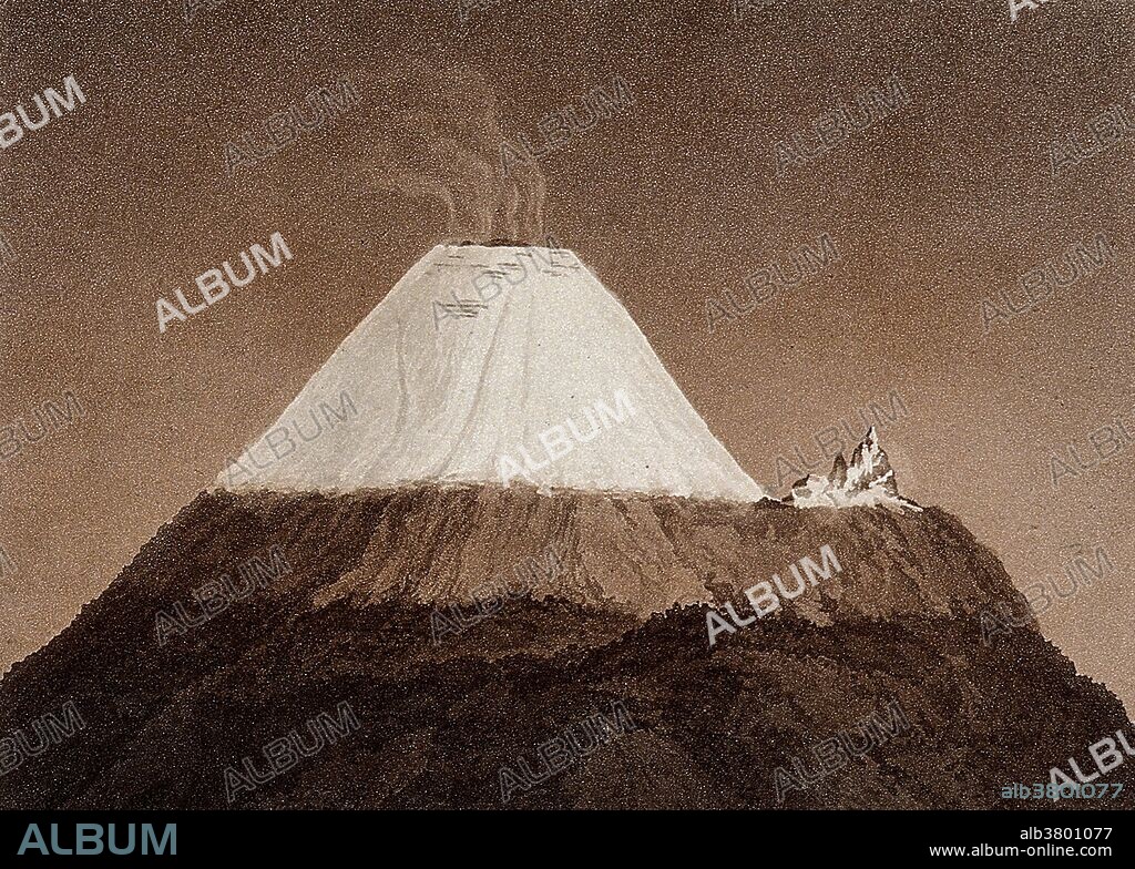 Mount Cotopaxi, Equador, snowcapped. Aquatint by F. Arnold after Johann Georg Gmelin after Alexander von Humboldt. Humboldt (1769-1859) was a Prussian geographer, naturalist and explorer. Between 1799 and 1804, Humboldt travelled extensively in Latin America, exploring and describing it for the first time in a manner generally considered to be a modern scientific point of view. His quantitative work on botanical geography laid the foundation for the field of biogeography. His description of the journey was written up and published in an enormous set of volumes over 21 years. He was one of the first to propose that the lands bordering the Atlantic Ocean were once joined (South America and Africa in particular). Later, his five-volume work, Kosmos (1845), attempted to unify the various branches of scientific knowledge. He thought an approach to science was needed that could account for the harmony of nature among the diversity of the physical world.