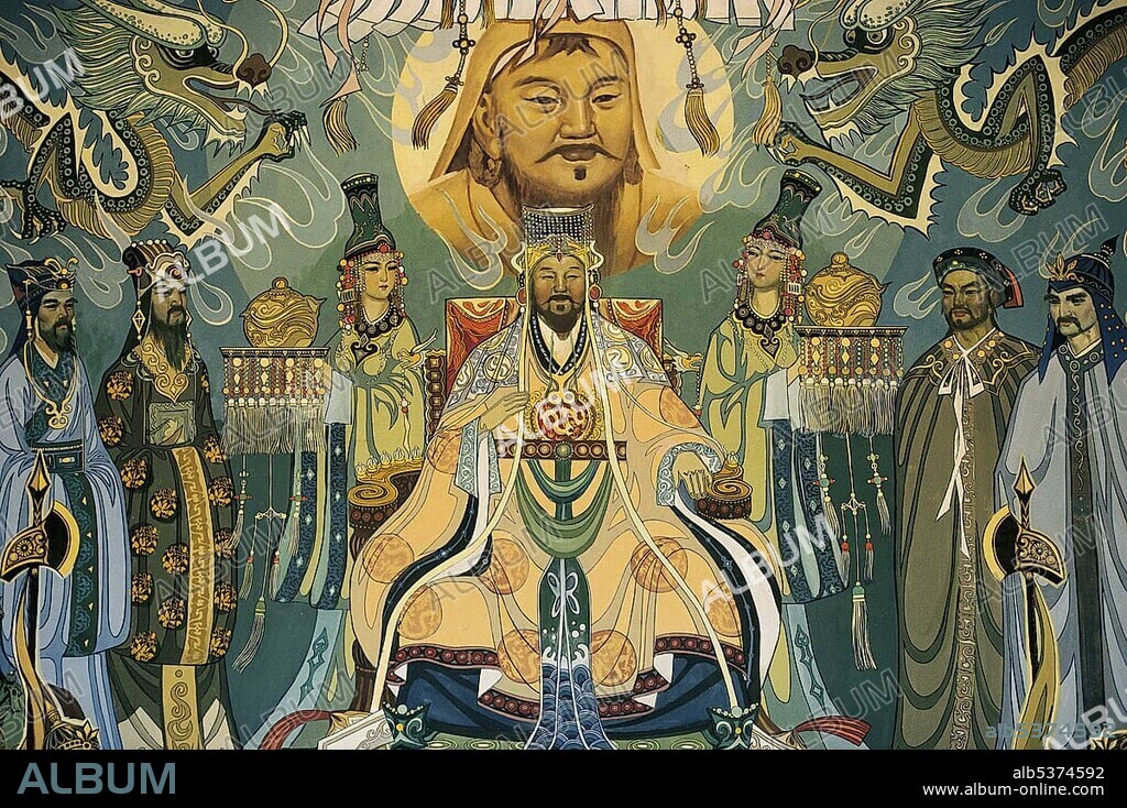 Mural with Genghis Khan, Temujin, Great Khan of the Mongol Empire, and his court, Dongsheng, Inner Mongolia, China, Asia