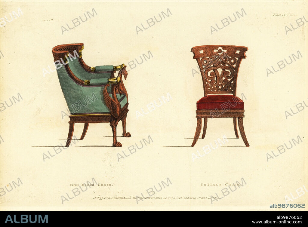 Regency era bedroom chair in mahogany or satin wood upholstered in green for a mansion, and cottage chair with ornate carving in 16th century design suitable for a castellated house. Handcoloured copperplate engraving from The Upholsterer's and Cabinet-Maker's Repository consisting of seventy-six designs of modern and fashionable furniture, Rudolph Ackermann, London, 1830.
