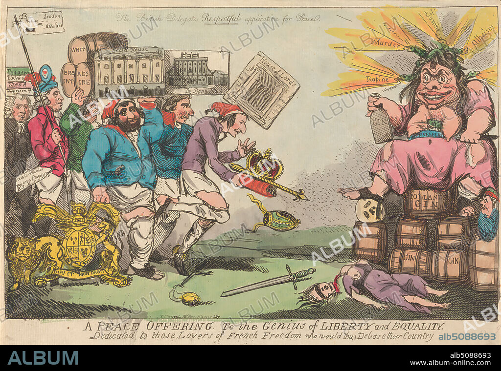 A Peace Offering to the Genius of Liberty and Equality, Isaac Cruikshank, 17561810, British, 1794, Etching, hand-colored, Sheet: 9 1/2 x 14 13/16in. (24.1 x 37.6cm).
