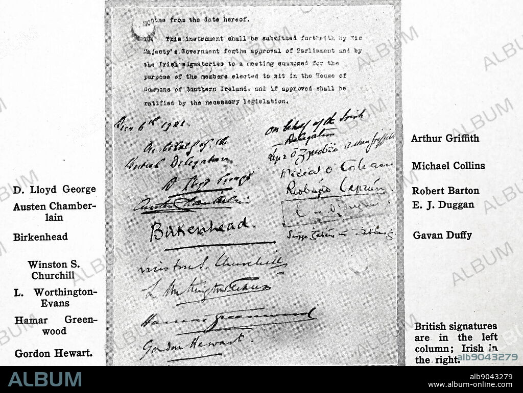 A copy of the signed Anglo-Irish Treaty Anglo-Irish Treaty, an agreement between the government of the United Kingdom of Great Britain and Ireland and representatives of the Irish Republic that concluded the Irish War of Independence. Dated 20th century.