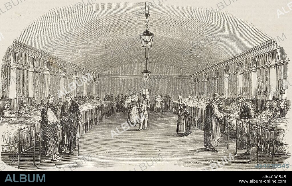 Inside a big hospital hall, the wounded soldiers from the Italian army are treated, Toulon, France, illustration from the magazine L'Illustration, Journal Universel, vol 13, no 336, August 4, 1849.