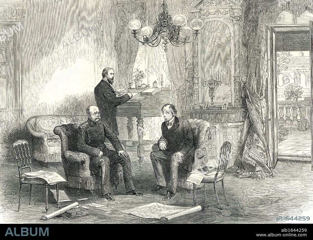 Congress of Berlin, 1878. Otto von Bismarck the German chancellor, visiting the British delegate Lord Beaconsfield (Benjamin Disraeli) in the Kaiserhof Hotel. From "The Illustrated London News" (London, 13 June 1878).