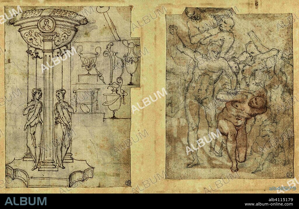 Decorative objects and a sketch of a group of damned people. Draughtsman: Federico Zuccaro. After Luca Signorelli. Dating: 1550 - 1609. Measurements: h 133 mm × w 101 mm × h 142 mm × w 104 mm.