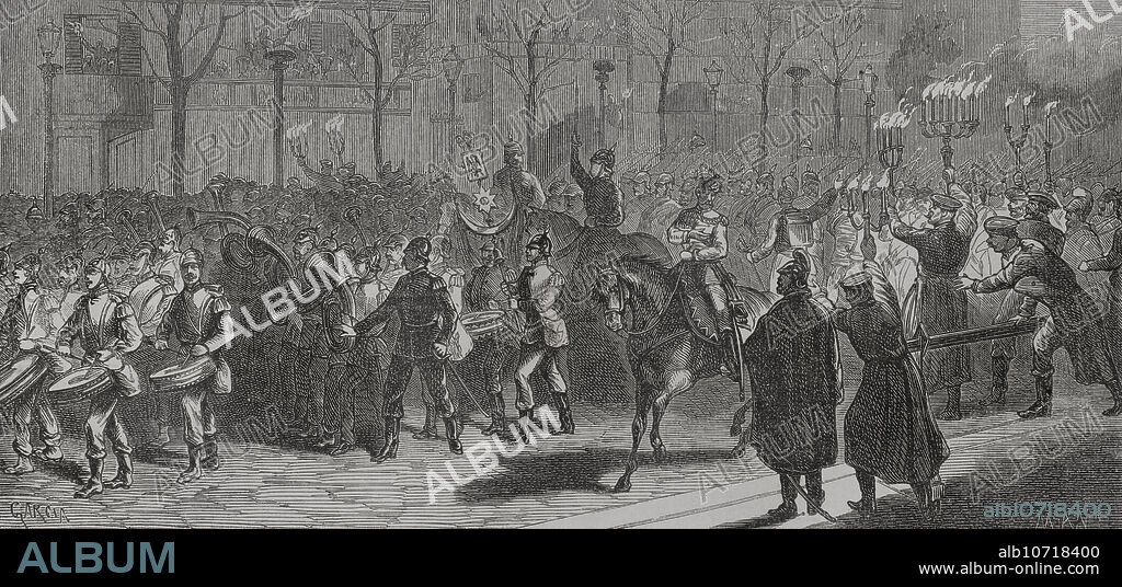 Guerra Franco-Prusiana (1870-1871). El 1 de marzo de 1871 el ejército prusiano entró de manera simbólica en París, aunque las tropas la abandonaron posteriormente. Salida de los alemanes de la ciudad. Dibujo por García. Grabado. "Historia de la Guerra de Francia y Prusia". Tomo II. Publicado en Barcelona, 1871.