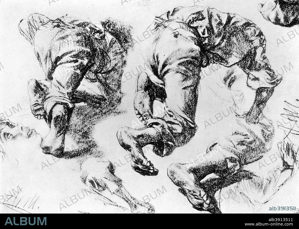 A page of sketches, 1913. Adolph Friedrich Erdmann von Menzel was a German artist noted for drawings, etchings, and paintings. A print from The Art of the Great Masters, by Frederic Lees, Sampson Low, Marston and Co, London, 1913.