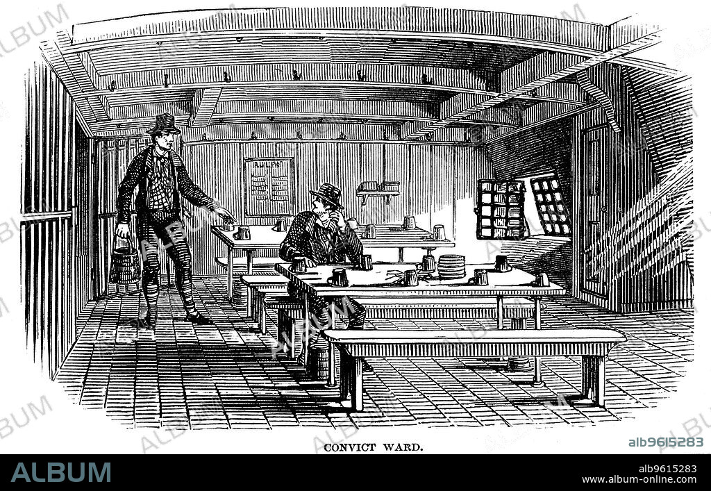 Convict ward on board the prison hulk 'Warrior' at Woolwich, London, 1848. This hulk held 600 and was an intermediate confinement between an ordinary gaol or transportation. Prisoners were used as labourers in the dockyards. The hulks (tenders) were usually naval vessels that were no longer seaworthy. From The Illustrated London News, 1848.