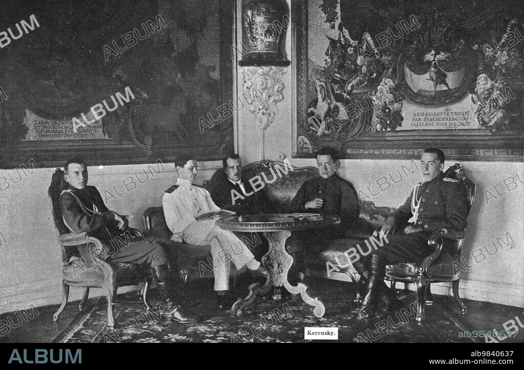 'The Bolshevik Coup in Russia; Before the fall: one of the last photos allowed by Kerensky to a photographer in a living room of the Kremlin, in Moscow, under a French tapestries form the series Don Quixote', 1917. From "L'Album de la Guerre 1914-1919 , Volume 2" [L'Illustration, Paris, 1924].