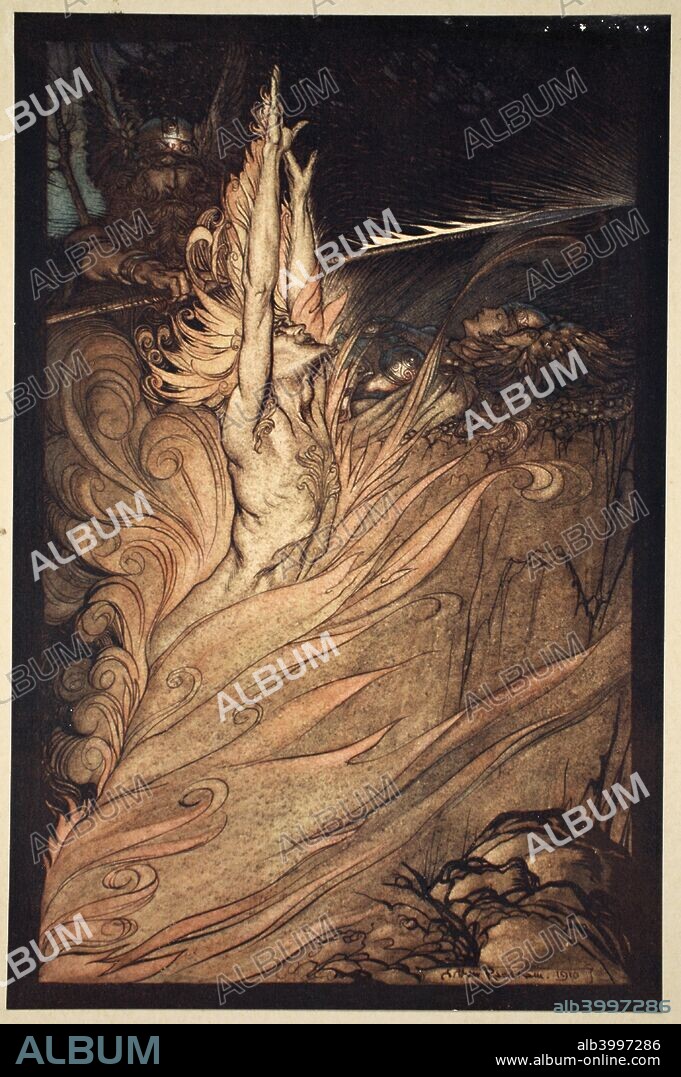 'Appear, flickering fire, Encircle the rock with thy flame! Loge! Loge! Appear!', 1910. Illustration from The Rhinegold and the Valkyrie. Wotan summons Loge, the God of Fire, in order to encircle Brunnhilde on the top of the mountain in a ring of magic fire. From a private collection.