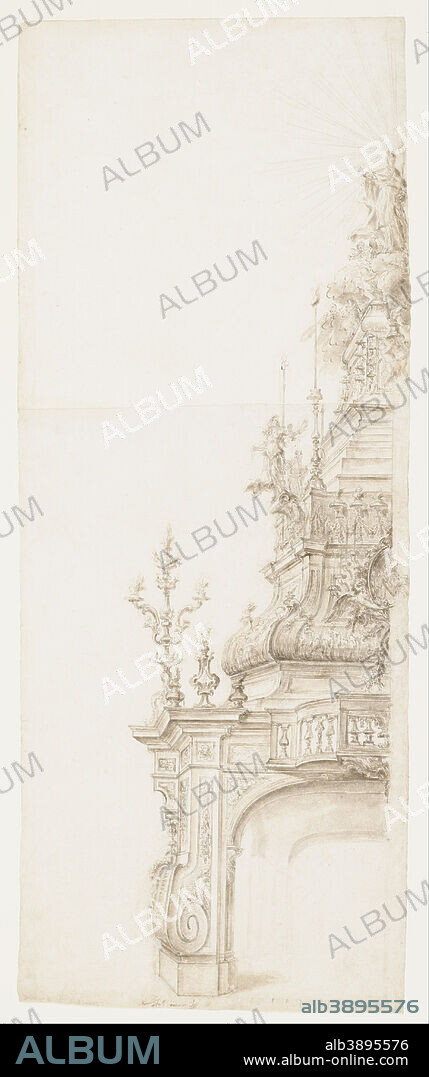DOMENICO ANTONIO VACCARO. Design for a Festive Decoration in Honor of a Bishop. Date/Period: 1710-40. Drawing. Black chalk, pen and brown ink, brush and wash on two pieces of paper joined horizontally.