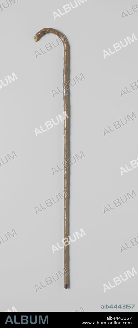 Walking stick of a gnarled branch, with crooked hook, with crooked hook. Metal plate - without labeling - nailed on., anonymous, Netherlands (possibly), c. 1795 - c. 1815, geheel, cutting, l 71 cm × d 1.5 cm.