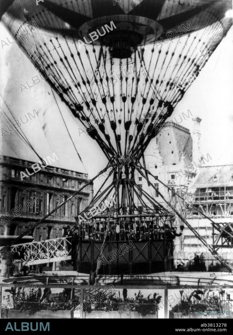 Photograph of the giant captive balloon with passengers constructed by Henri Giffard, 1878. Henri Giffard (February 8, 1825 - April 14, 1882) was a French engineer. He invented the injector and the Giffard dirigible, an airship powered with a steam engine, and weighing over 400 pounds. It was the world's first passenger airship (then known as a dirigible). Both practical and steerable, the hydrogen-filled airship was equipped with a 3 hp steam engine that drove a propeller. The exhaust steam was mixed in with the combustion gases and it was hoped by these means to stop sparks rising up to the gas bag. He also installed a vertical rudder. On September 24, 1852 he made the first powered and controlled flight traveling over 16 miles from Paris to Trappes. He was able to make turns and circles, proving that a powered airship could be steered and controlled, but it was too slow to be effective. He was granted a patent for the injector in 1858. In 1878, he built a captive spherical balloon with a capacity of 25 liters, and a gondola accommodating 40 passengers. It was used to take aloft visitors at the International Exhibition in Paris. In response to his declining eyesight, he committed suicide in 1882, at the age of 57, leaving his estate to the nation for humanitarian and scientific purposes. His is one of the 72 names of scientists inscribed on the Eiffel Tower.