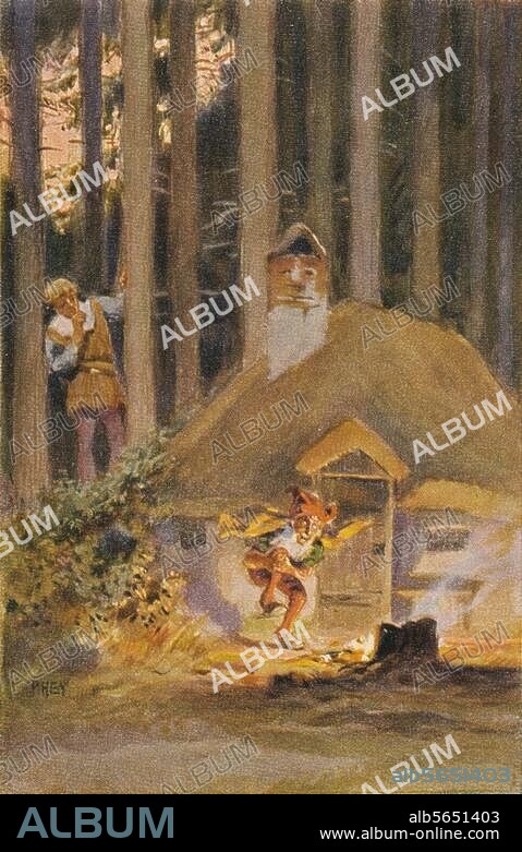 Literatur / Märchen:. Rumpelstilzchen. " (...) und um das Feuer sprang ein gar zu lächerliches Männlein". Farbdruck nach Aquarell von Paul Hey. (1867-1952). Aus: Deutsche Märchen, hrsg. vom Cigaretten-Bilderdienst, Hamburg 1939, S. 65.