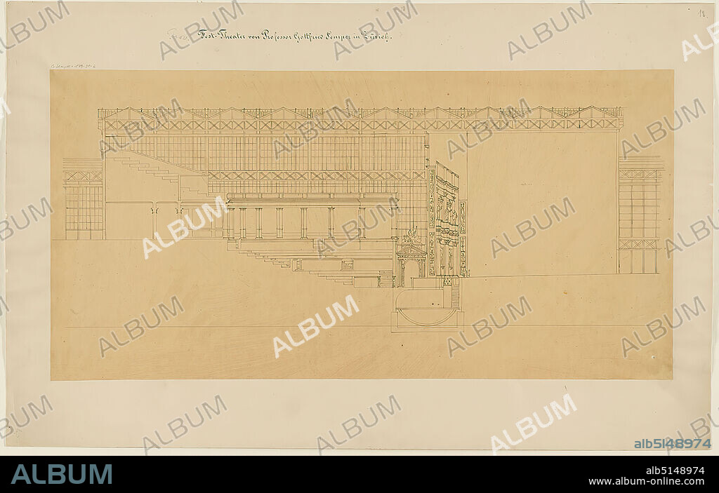 Gottfried Semper, design for the provisional Richard Wagner Festival Theater in the Glaspalast, Munich (Project B). Longitudinal section, present from Manfred Semper, tracing paper, drawing, sheet size: height: 34,2 cm; width: 68,7 cm, inscribed: recto on the cardboard: in ink: Prov. [in lead added] Festival Theater of Professor Gottfried Semper in Zurich, in lead: G. Semper 179-21-2, 12, c, design drawings, section through an architecture, opera house, architecture, architectural drawing or model.