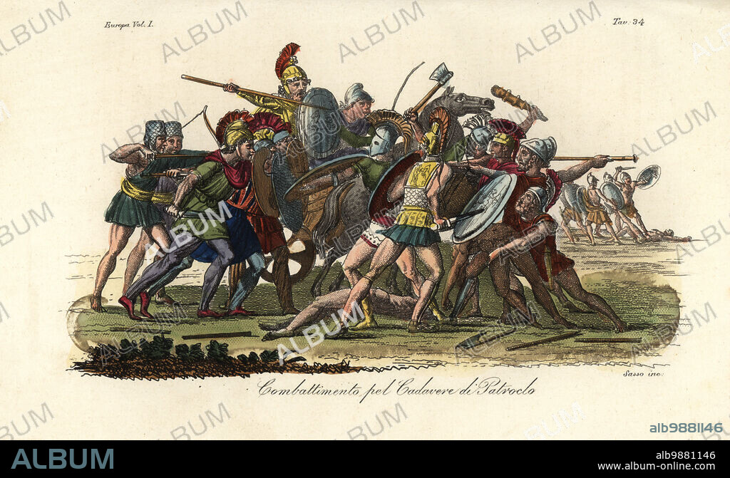 Greeks and Trojans battle over the naked corpse of Patroclus outside Troy. Menelaus and Ajax protected the body until Achilles could retrieve it. Combattimento pel Cadavere di Patroclo. Handcoloured copperplate engraving by Giovanni Antonio Sasso from Giulio Ferrarios Costumes Ancient and Modern of the Peoples of the World, Il Costume Antico e Moderno, Florence, 1842.