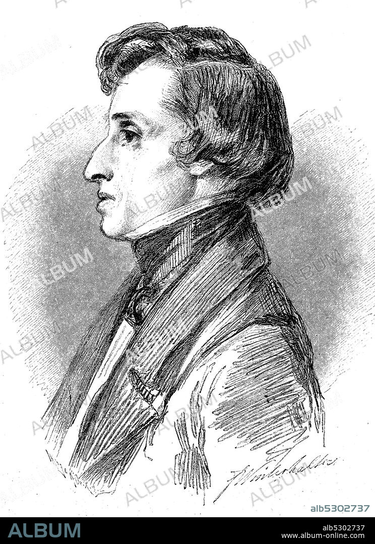 Frederic François Chopin, 1810-1849, was a Polish composer and virtuoso pianist of the Romantic era  /  Frederic Francois Chopin, 1810-1849, war ein polnischer Komponist und virtuoser Pianist der Romantik, Historisch, digital improved reproduction of an original from the 19th century / digitale Reproduktion einer Originalvorlage aus dem 19. Jahrhundert,.