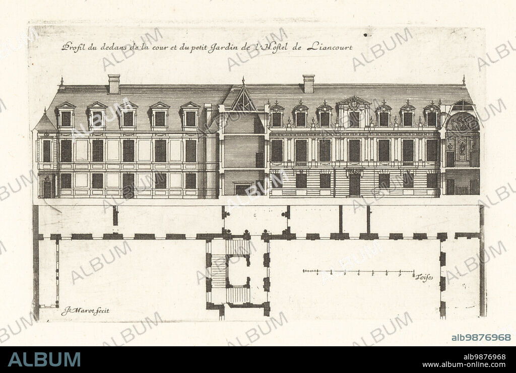 Profile of the courtyard and garden in the Hotel de Liancourt, a grand house or hotel particulier built by Salomon de Brosse and Jacques Lemercier for the Count of Liancourt, early 17th century. Demolished in 1825. Profil du dedans de la cour et du petit jardin de l'Hotel de Liancourt. Copperplate engraving drawn and engraved by Jean Marot from his Recueil des Plans, Profils et Elevations de Plusieurs Palais, Chasteaux, Eglises, Sepultures, Grotes et Hotels,Collection of Plans, Profiles and Elevations of Palaces, Castles, Churches, Tombs, Grottos and Hotels, chez Mariette, Paris, 1655.