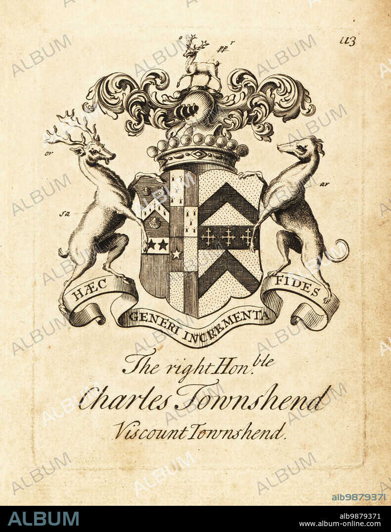 Coat of arms of the Right Honourable Charles Townshend, 2nd Viscount Townshend, 1674-1738. Copperplate engraving by Andrew Johnston after C. Gardiner from Notitia Anglicana, Shewing the Achievements of all the English Nobility, Andrew Johnson, the Strand, London, 1724.