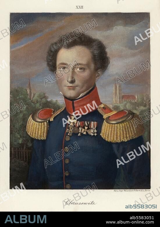 Clausewitz, Carl von Prussian general and war philosopher Burg (nr. Magdeburg) 1.6.1780 - Breslau. 16.11.1831. Portrait. Col. lithograph after the painting by Wilhelm Wach (c. 1820).