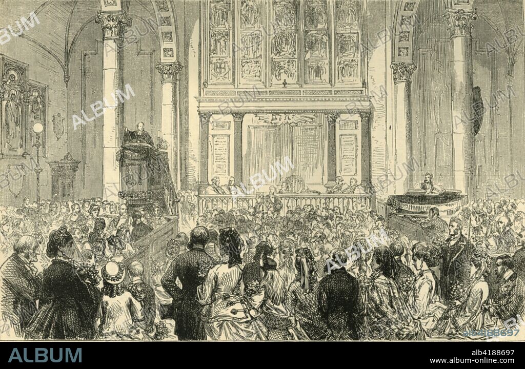 'The Flower Sermon in St. Catherine Cree Church', c1872. Service in the guild church of St Katharine Cree in the City of London. During the 'annual flower sermon on Whit-Monday, which is largely attended: the congregation all wear flowers, and a large bouquet is placed on the pulpit before the preacher'. From Old and New London, Vol. II: A Narrative of Its History, Its People, and Its Places, by Walter Thornbury. [Cassell, Petter, Galpin & Co., London, Paris & New York].
