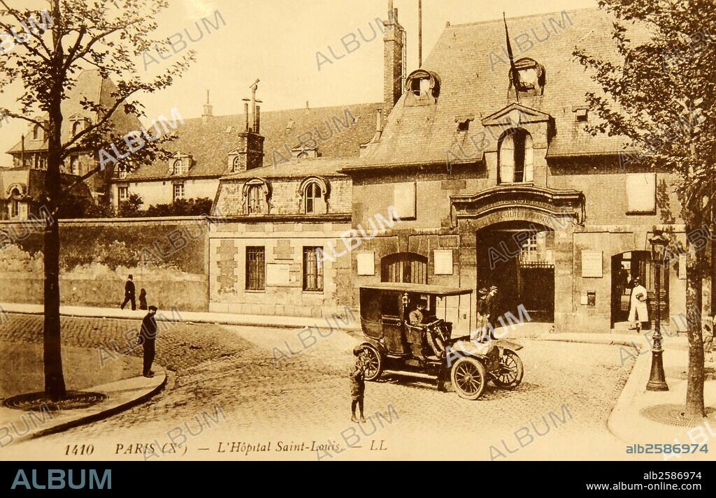 1900 photograph of Hôspital Saint-Louis in Paris, France was founded by King Henry IV in 1607 to decongest the Hôtel-Dieu de Paris during the plague. He named it St. Louis in memory of Louis IX, who died of the plague that devastated Tunis in 1270..