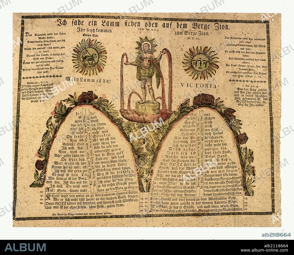Pennsylvania German fraktur labeled with verse from Revelations 14:1, I saw a lamb on Mount Zion, shows Jesus Christ bleeding from crucifixion wounds. Created between 1780 and 1880. woodcut with watercolor and waterpress.