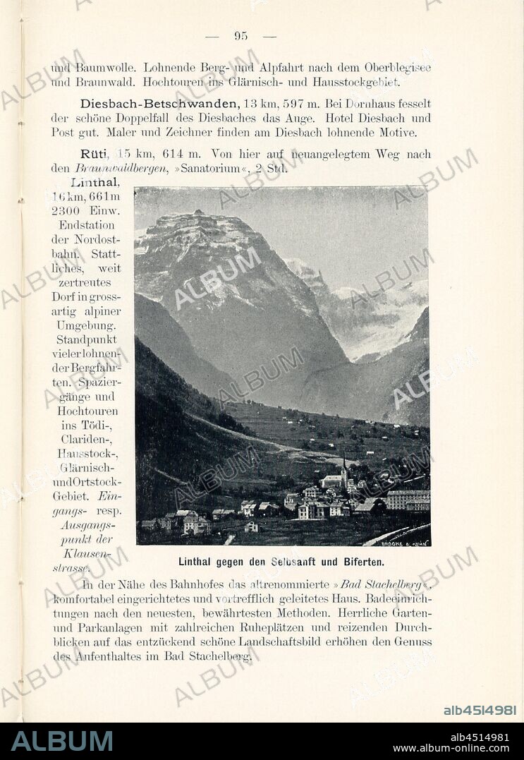 Linthal against Selbsanft and Biferten, Linthal in the Canton of Glarus, Signed: Brooke & Kuhn, Fig. 97, p. 95, Brooke & Kuhn (cliché), 1900, J. Knobel: Illustrierter Reisebegleiter für die Alpenstrasse des Klausen und ihre Zufahrtslinien. Glarus: Buchdruckerei J. Spälti, 1900.
