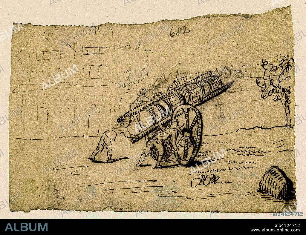 Pushing men and cart loaded with barrels. Draughtsman: Moses ter Borch (attributed to). Dating: c. 1656 - c. 1657. Place: Zwolle. Measurements: h 130 mm × w 180 mm.