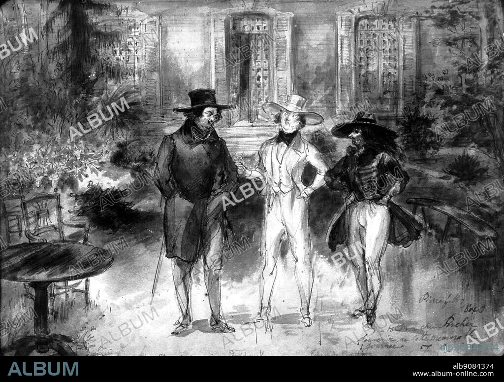 Frontispiece: Balzac with Frederick Lemaitre the actor and Theophile Gautier. Lemaitre created the name part in Balzac's play Vautrin. Watercolour attributed to Gerard Grandville.