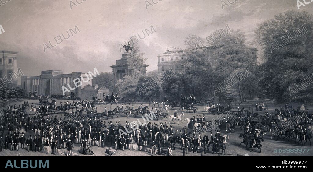 View of pedestrians and riders on horseback on Rotten Row, Hyde Park, London, 1867.