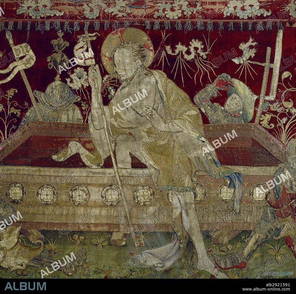 ARTE GOTICO. ESPAÑA. FRONTAL DE ALTAR que data de los siglos XIV-XV. Bordado con la representación de la RESURRECCION DE JESUS. Procede de la Ex-colegiata de Sant Feliu. Museu d'Art de Girona. Cataluña.