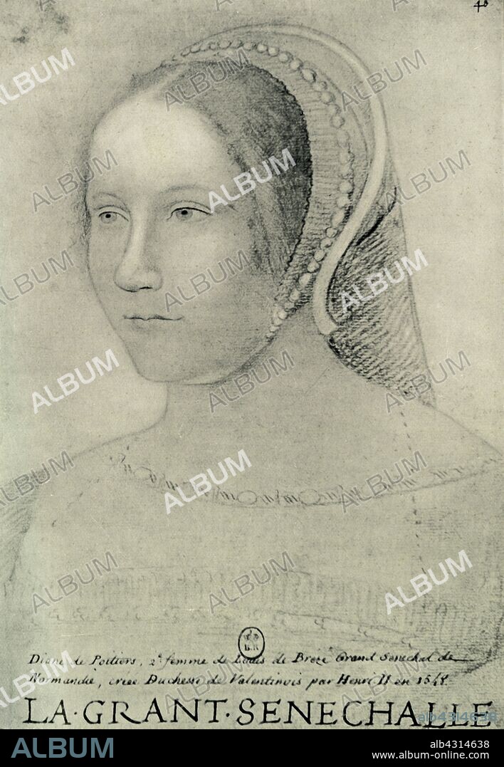 Diane de Poitiers, 1525, (1907). Portrait of Diane de Poitiers (1499-1566), French noblewoman and chief mistress of Henry II of France. From "Exposition de Portraits, peints et dessinés", (Exhibition of painted and drawn portraits), catalogue of the Bibliothèque Nationale, April-June 1907. [Librairie Centrale Des Beaux-Arts, Paris, 1907].